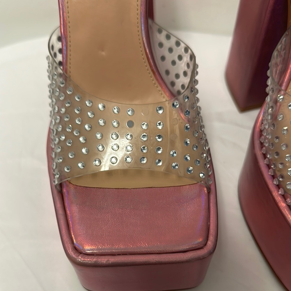 Steve Madden Ruby Iridescent Slip On Block Heel Squared Open Toe Heeled Sandals - Picture 14 of 16
